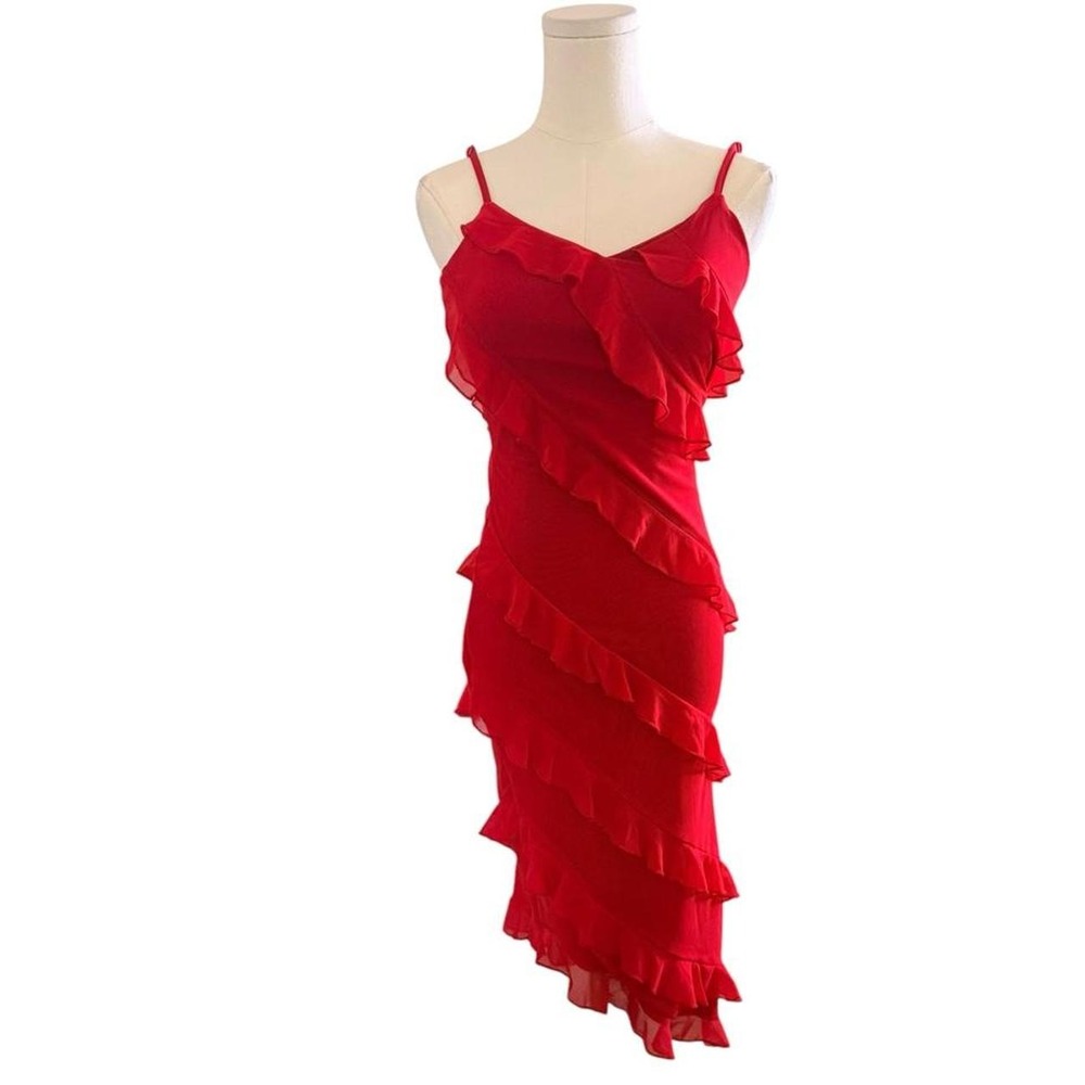 Bold red bodycon midi dress with cascading ruffle details